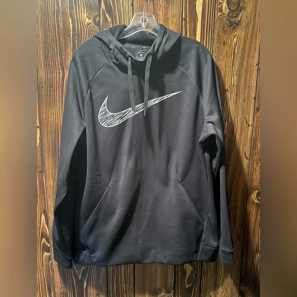 Nike Black and White Therma-FIT Hoodie with Scribble Swoosh + Dri-FIT - Large